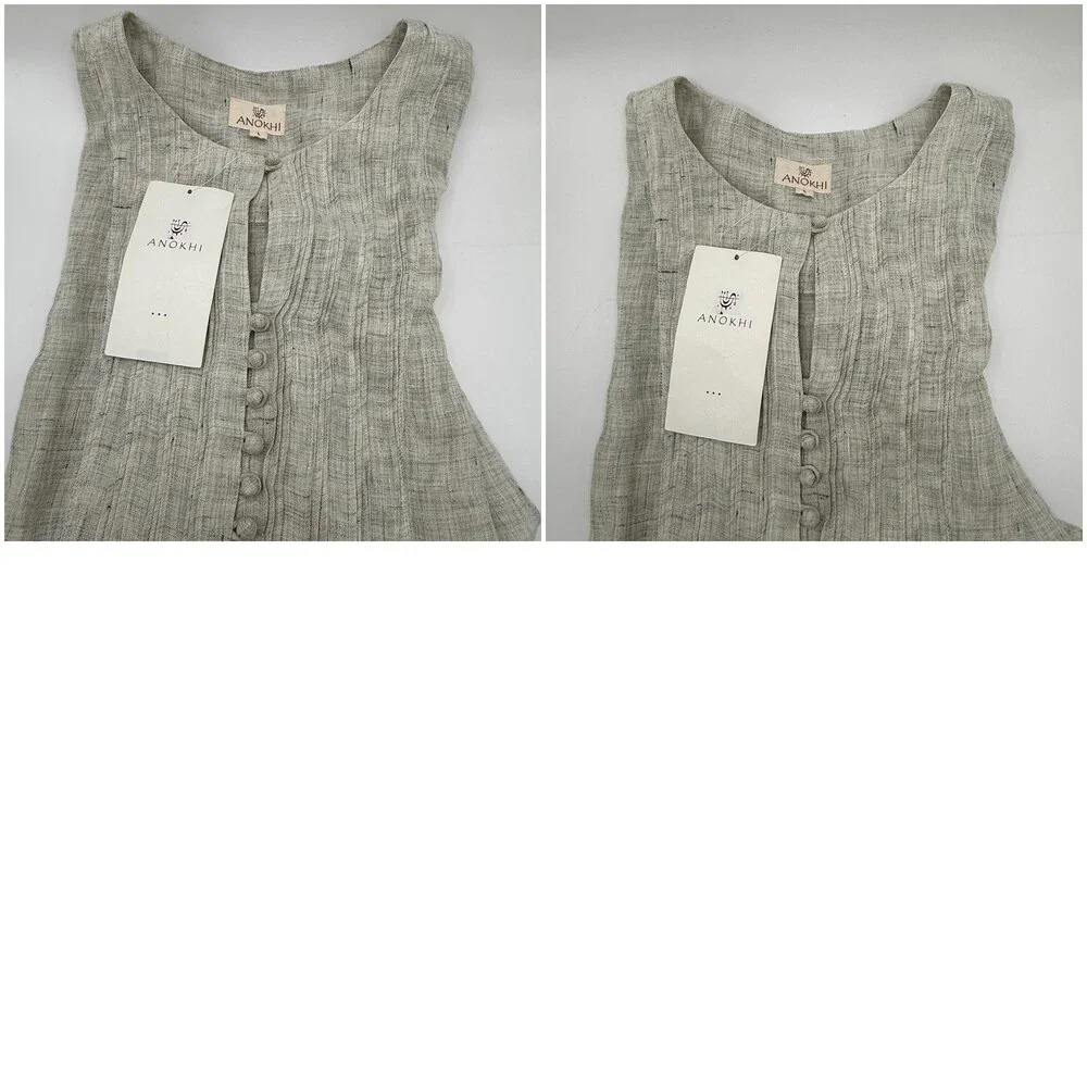 Anokhi Blouse Womens Large Gray Linen Pleated Tunic 3/4 Sleeve Button Front